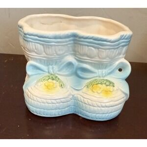Vintage Baby Booties Planter Vase Blue Ceramic 3"hx4"d, Nursery Décor Japan
